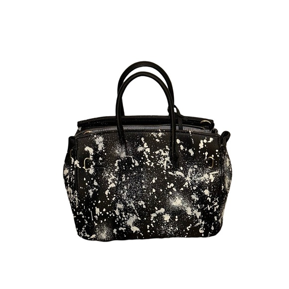 Black Splatter Vegan Leather Handbag w/ Rock N’ Roll Patches - Picture 5 of 11